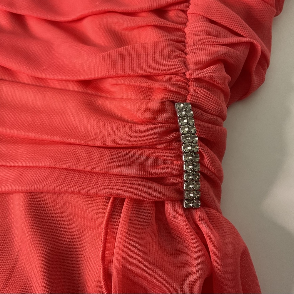 New - EnFocus Tea Length Coral Ruched Dress - Picture 7 of 9